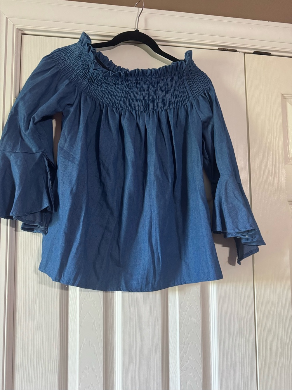 Smocked Off-Shoulder Blue Peasant Blouse